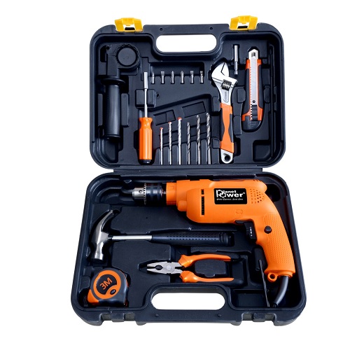 Planet Power PTK 700VR Black and Orange Tool Kit with powerful Reverse Forward Impact Drill, 700 W